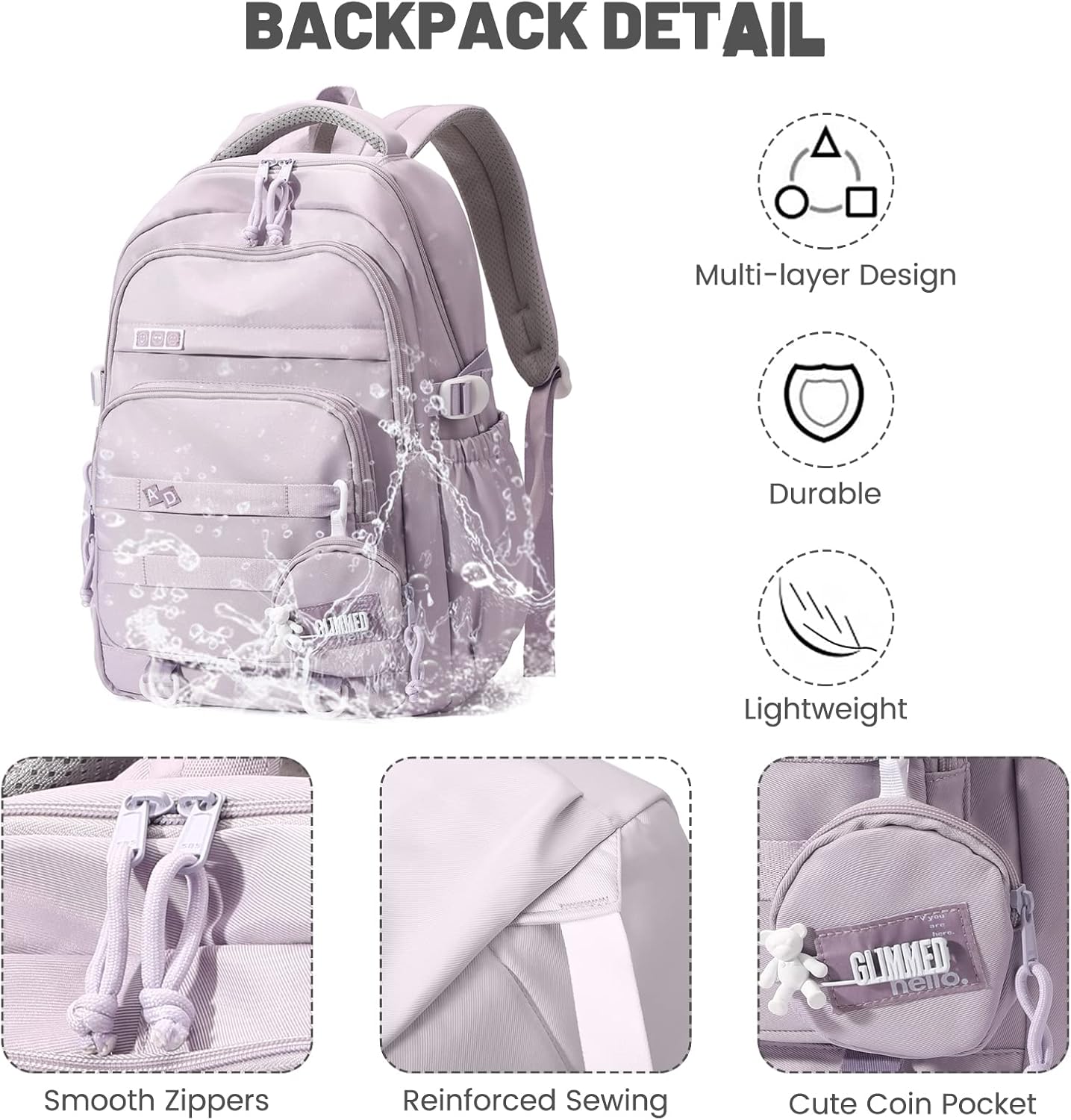 School Backpack Girls Teenagers Waterproof Daypack Lightweight School Bag Girls with Large Capacity Fashionable Backpack for School or Travel, purple, Rucksack Backpacks – Bild 4