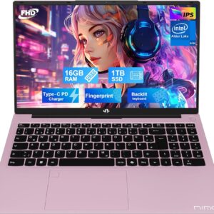 NIMO Rose Gold Laptop 15.6 Inch Full HD: 16GB RAM, 1TB SSD, Intel N100, WiFi Connectivity, USB-C 65W, Fingerprint, Illuminated Keyboard, Lightweight Computer for Work & Study
