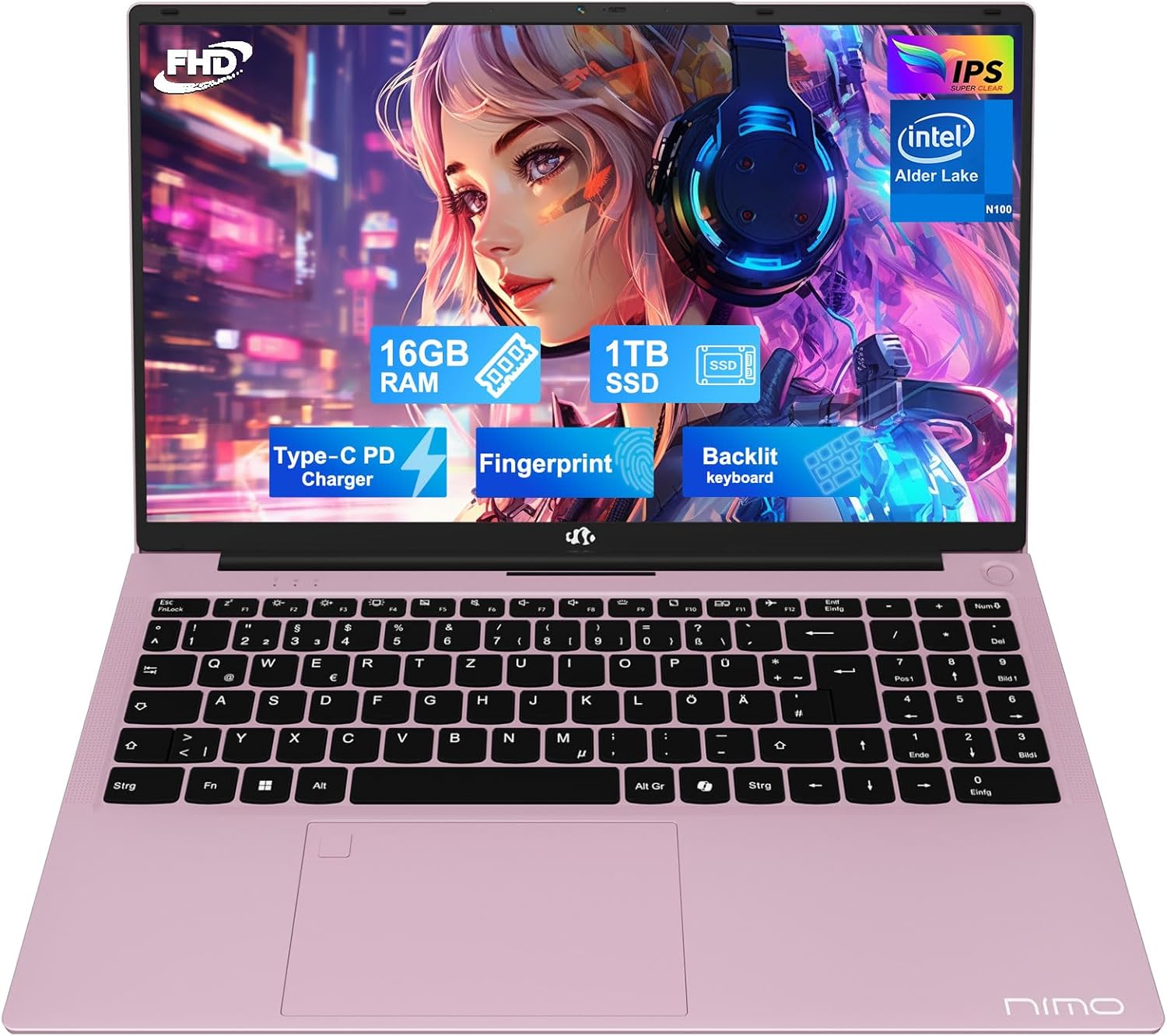NIMO Rose Gold Laptop 15.6 Inch Full HD: 16GB RAM, 1TB SSD, Intel N100, WiFi Connectivity, USB-C 65W, Fingerprint, Illuminated Keyboard, Lightweight Computer for Work & Study