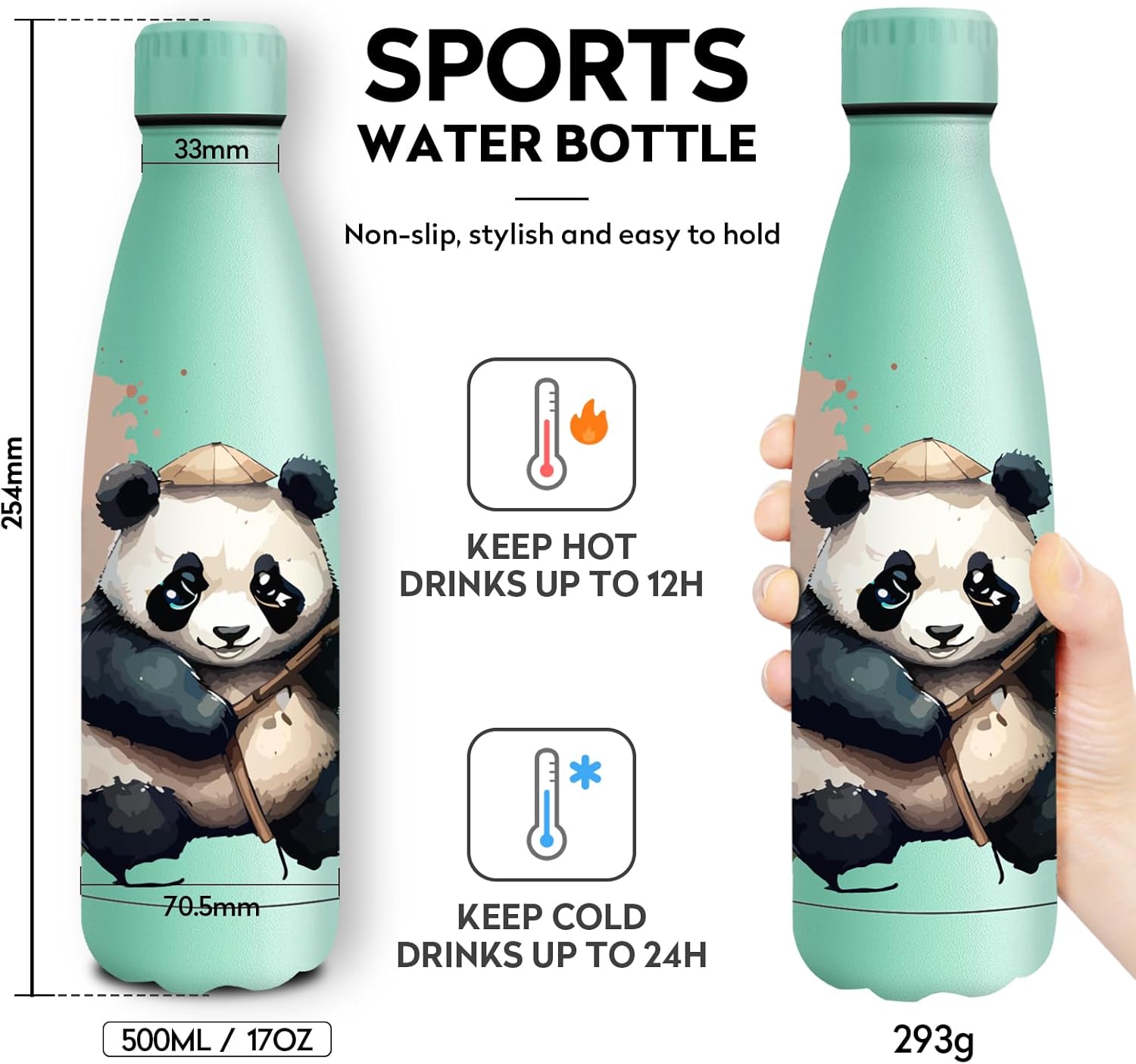 KollyKolla Stainless Steel Drinking Bottle, 500 ml, 3D Print Drinking Bottle, Sports, Suitable for Carbonated Drinks, Leak-Proof Thermos Flask, BPA-Free, Drinking Bottles for Children, School, Sports – Bild 4