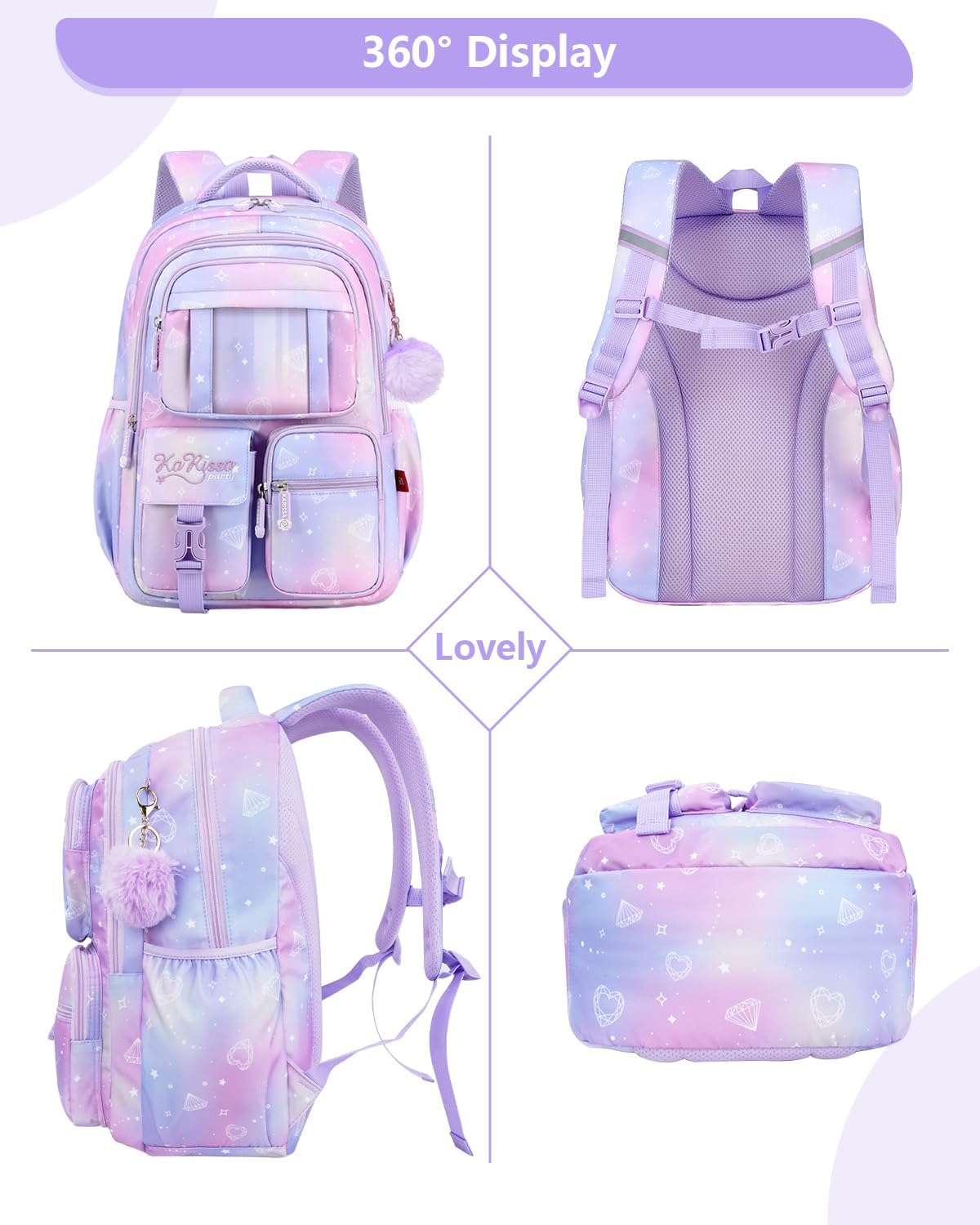 Tanou School Bag Girls Backpack School Girls School Backpack for Girls 1st to 4th Grade Breathable Water Resistant Nylon Kids School Bag, purple, Rucksack – Bild 7