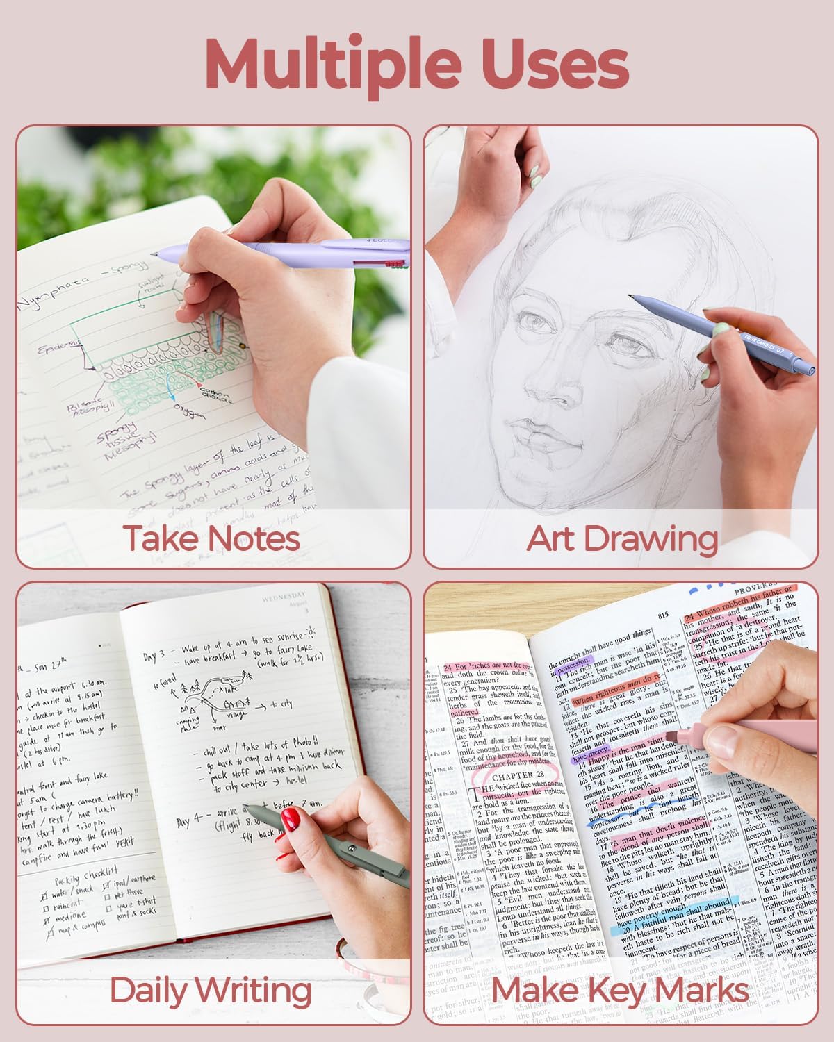 Four Candies 56 Pieces Aesthetic School Supplies with Pencil Case, 6 Coloured Ballpoint Pens, 12 Pastel Highlighters, 5 Gel Pens with Black Ink, 9 Mechanical Pencils 0.5-2.0 mm (Pink) – Bild 8