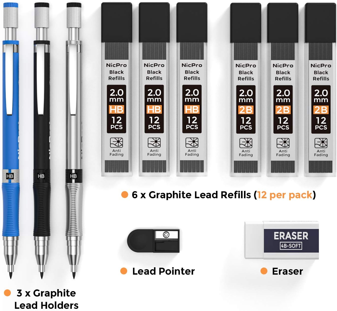Nicpro Mechanical Pencils Set of 3 Mechanical Pencils 2 mm with 6 Cans of Lead Refill (HB 2B), Erasers, Sharpener for Writing, Drawing – Bild 6