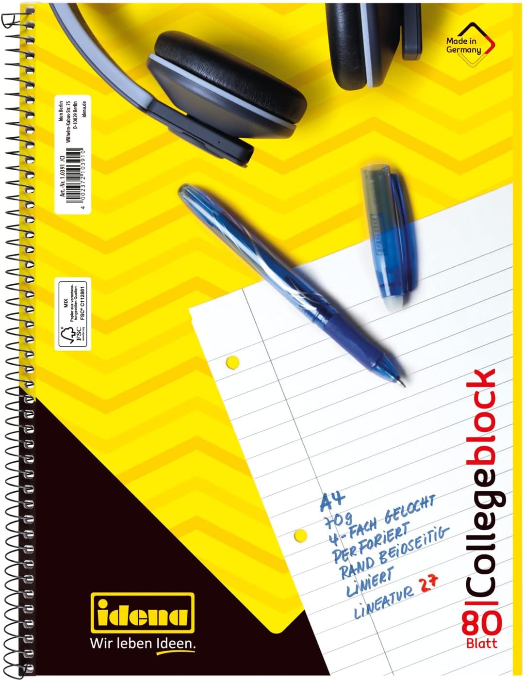 Idena - Notepad, DIN A4, 80 sheets, 70 g/m², lined, punched