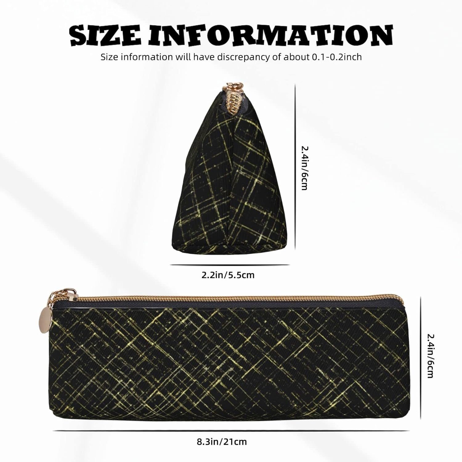 Black Gold Plaid Pencil Case Cosmetic Bag Pencil Case Triangle Leather Storage Bag Zipper Stationery Organizer for Adults Office, Black Gold Plaid, Bag organiser – Bild 2