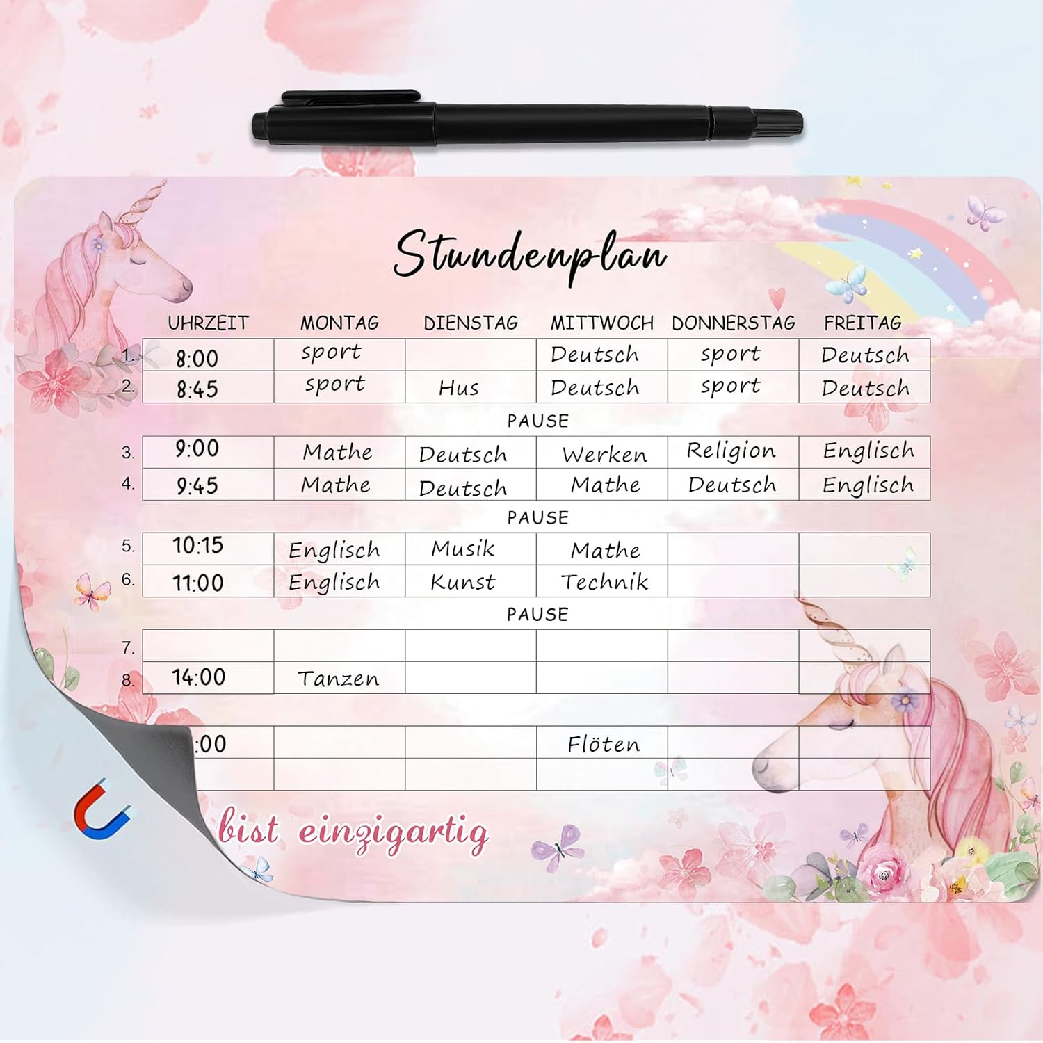 Unicorn timetable wipeable, magnetic timetable, school enrolment girl gift, back to school, contents school cone filling girls