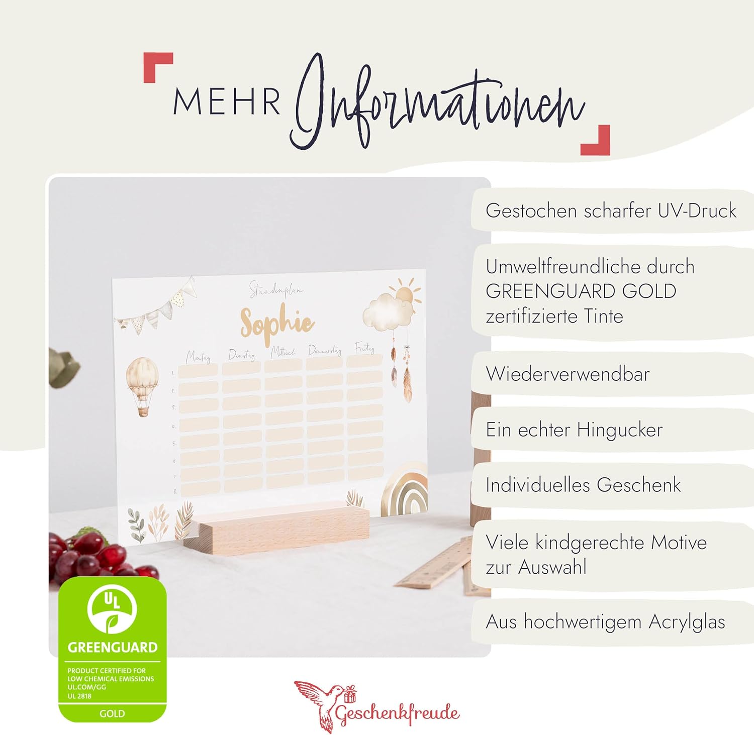 Timetable Wipeable Personalised with Name + Wooden Holder and Pen - DIN A4 - Gifts for School Enrolment - First Day of School Gift for Girls/Boys - Small Gift for First Day of School – Bild 2