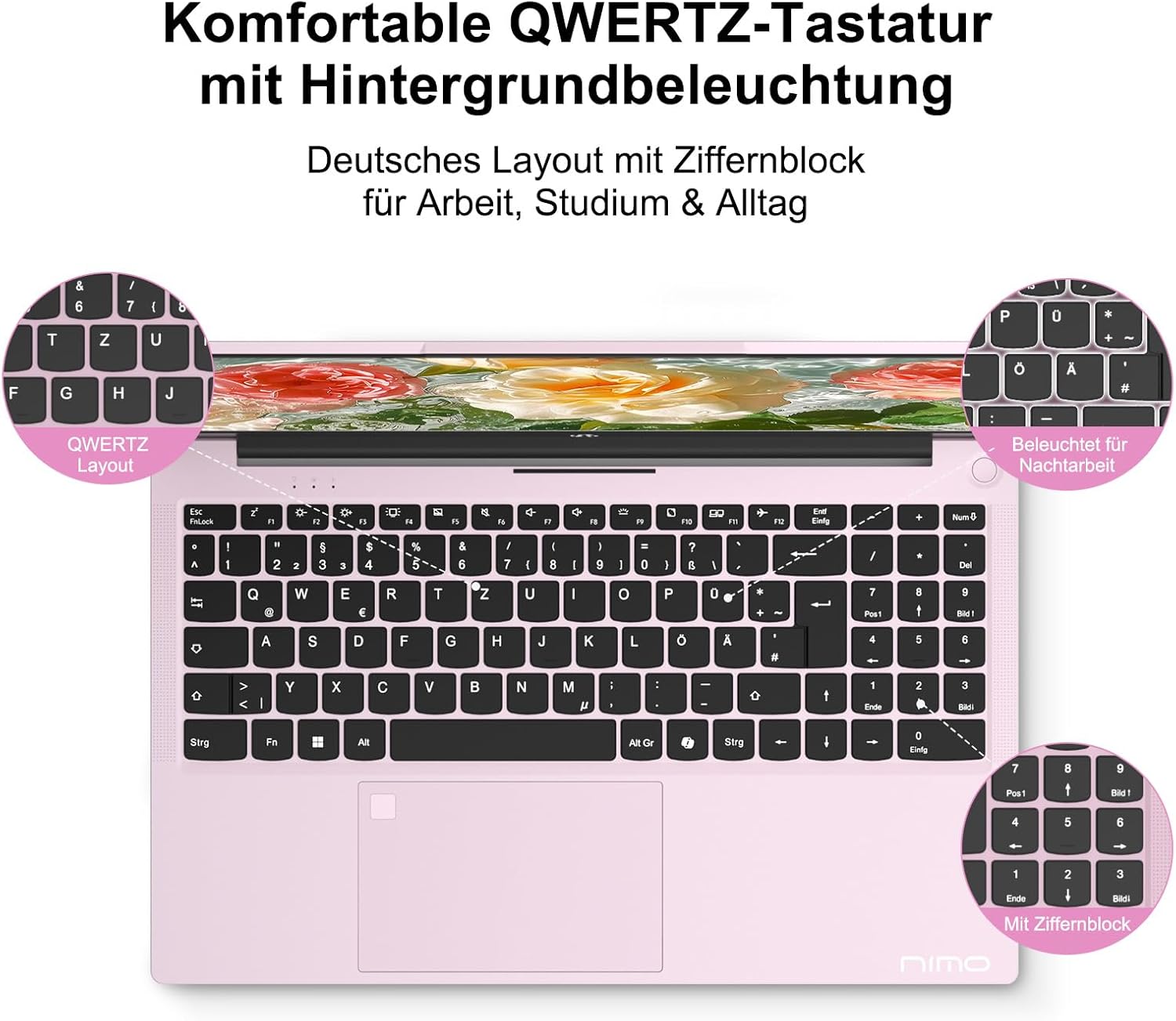 NIMO Rose Gold Laptop 15.6 Inch Full HD: 16GB RAM, 1TB SSD, Intel N100, WiFi Connectivity, USB-C 65W, Fingerprint, Illuminated Keyboard, Lightweight Computer for Work & Study – Bild 2