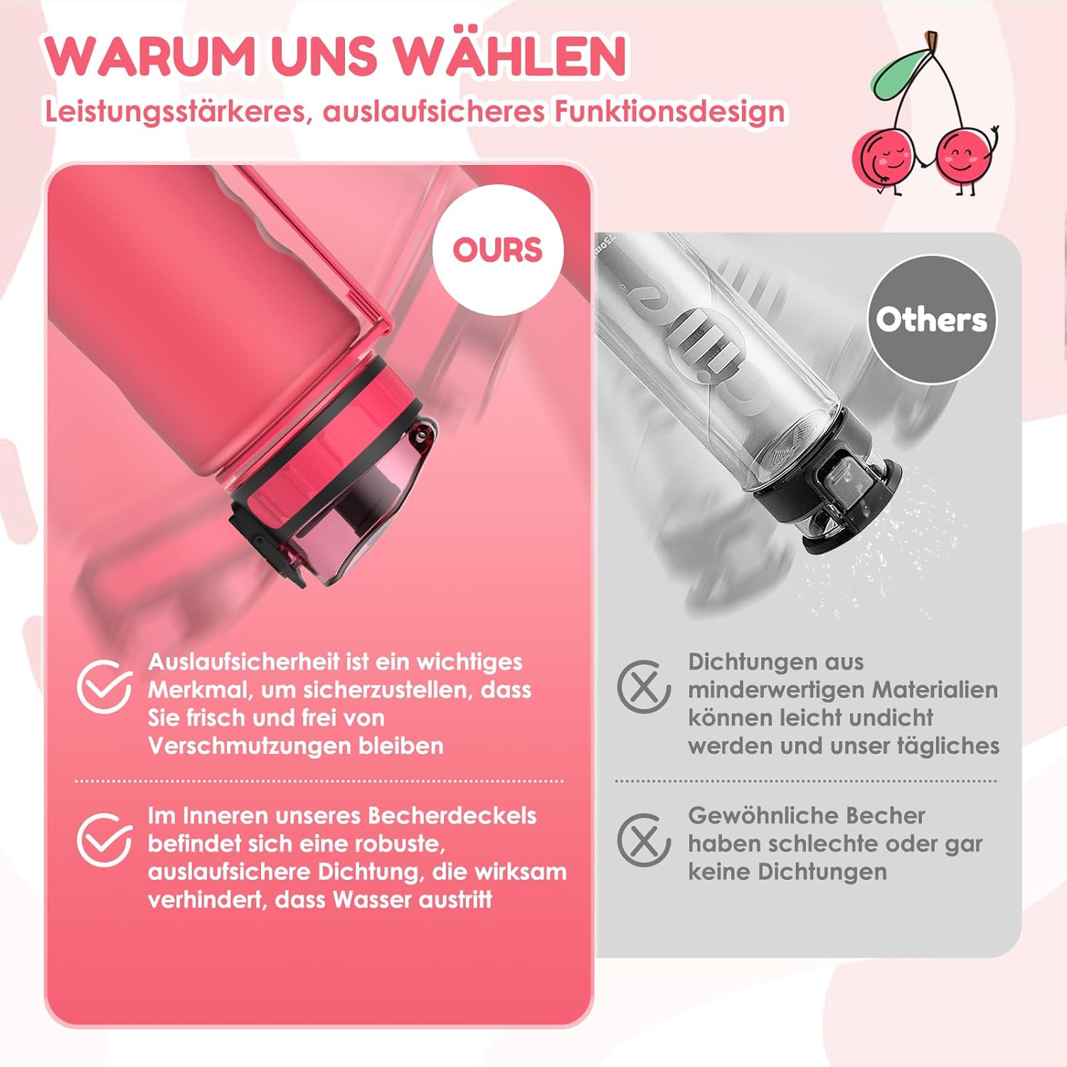 Luyiilo Children's Leak-Proof Drinking Bottle, 0.5 L, BPA-Free, with Fruit Insert, Dishwasher-Safe Water Bottle, Perfect for School, Kindergarten, Sports (Pink) – Bild 3