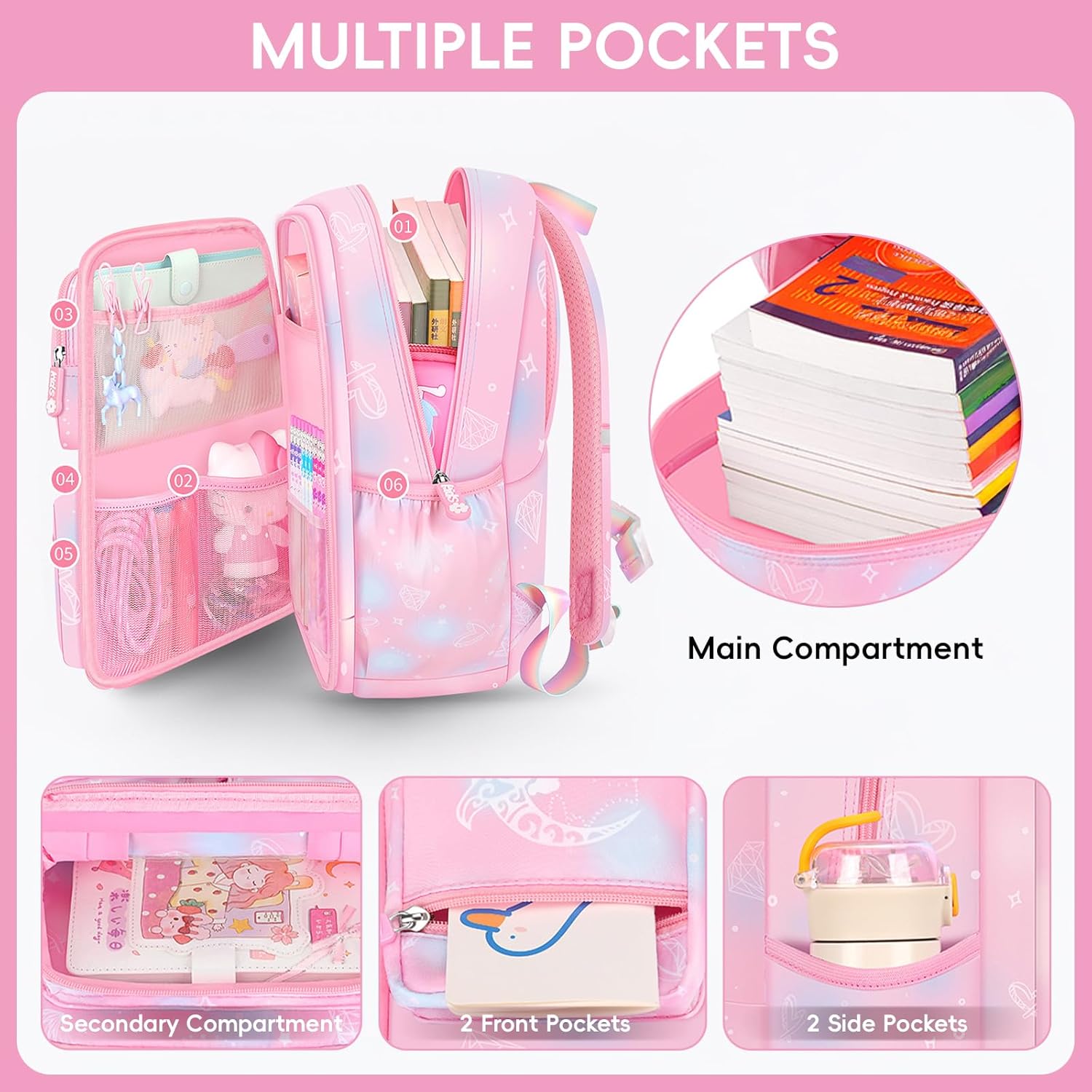 School Backpack Girls Set 3 in 1 with Lunch Bag Pencil Case, 2025 Backpack School Children's School Bag with Chest Strap Reflective, School Bag Kawaii Water-Repellent 26L, 6777, pink – Bild 3
