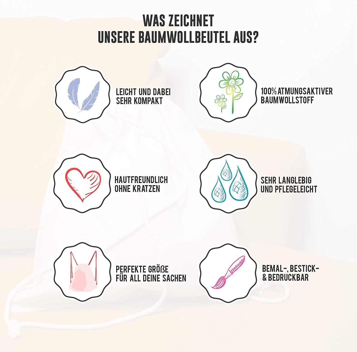 ELES VIDA Cotton Gym Bag, 1 Piece, 38 x 42 cm, Sports Bag, Backpack, Fabric Bag, Cotton Bag, Jute Bag, Oeko-Tex® Tested Fabric Bag for Men and Women, Children's Gym Bag, for Painting – Bild 8