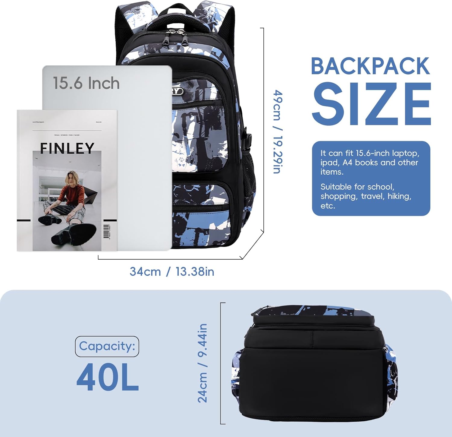 Backpack Teenager Boys School Backpack - 40L School Bag for Primary School 5+, Real School & University, Fashionable Daypack for Travel, Casual 16 Inch Laptop Backpack Men, Black, Blue graffiti – Bild 3