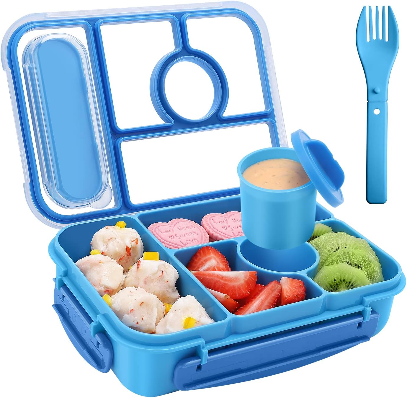 Children's Lunch Box with Compartments, Bento Box Children, Lunch Box Adults, 1300 ml Lunch Box with 5 Compartments and Sauce Containers, Microwave and Dishwasher Safe, BPA-Free and Reusable