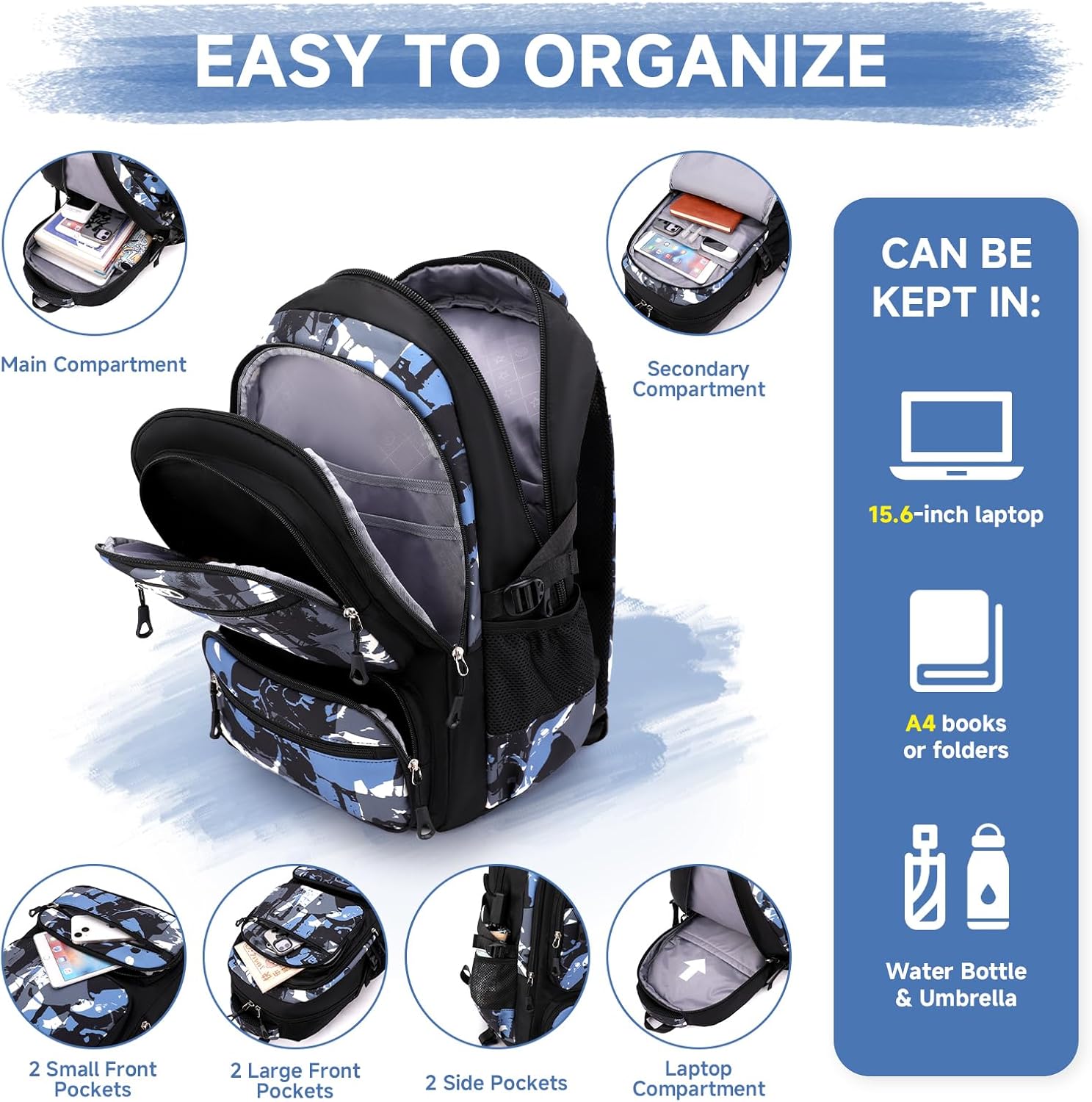 Backpack Teenager Boys School Backpack - 40L School Bag for Primary School 5+, Real School & University, Fashionable Daypack for Travel, Casual 16 Inch Laptop Backpack Men, Black, Blue graffiti – Bild 4