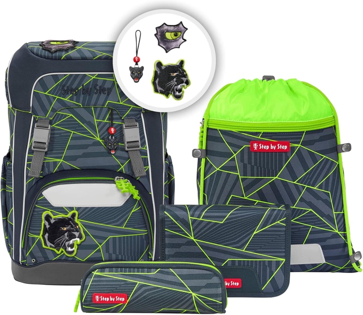 Step by Step Giant School Bag Set, 5 Pieces, Ergonomic Satchel with Reflectors, Height-Adjustable with Hip and Chest Strap, Year 1 On Up, 23 Litres