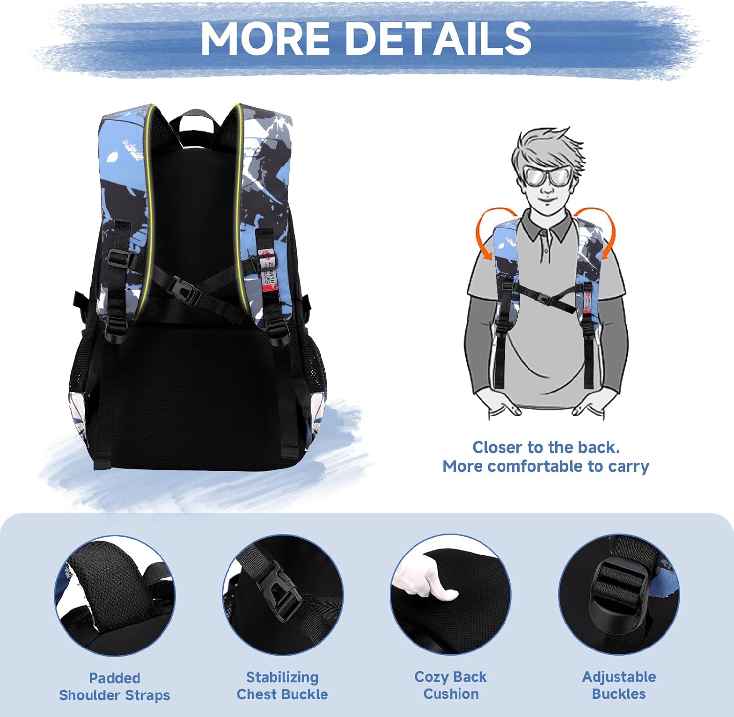 Backpack Teenager Boys School Backpack - 40L School Bag for Primary School 5+, Real School & University, Fashionable Daypack for Travel, Casual 16 Inch Laptop Backpack Men, Black, Blue graffiti – Bild 5