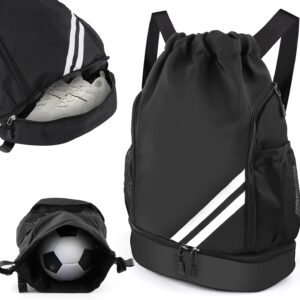 Gym Bag with Drawstring, Waterproof Sports Bag with Bottom Compartment, Sports Backpack Gym Bag with Inner Pocket, Outer Pocket, Gym Bag for Sports, Travel and City, Swimming Bag Black for Men and
