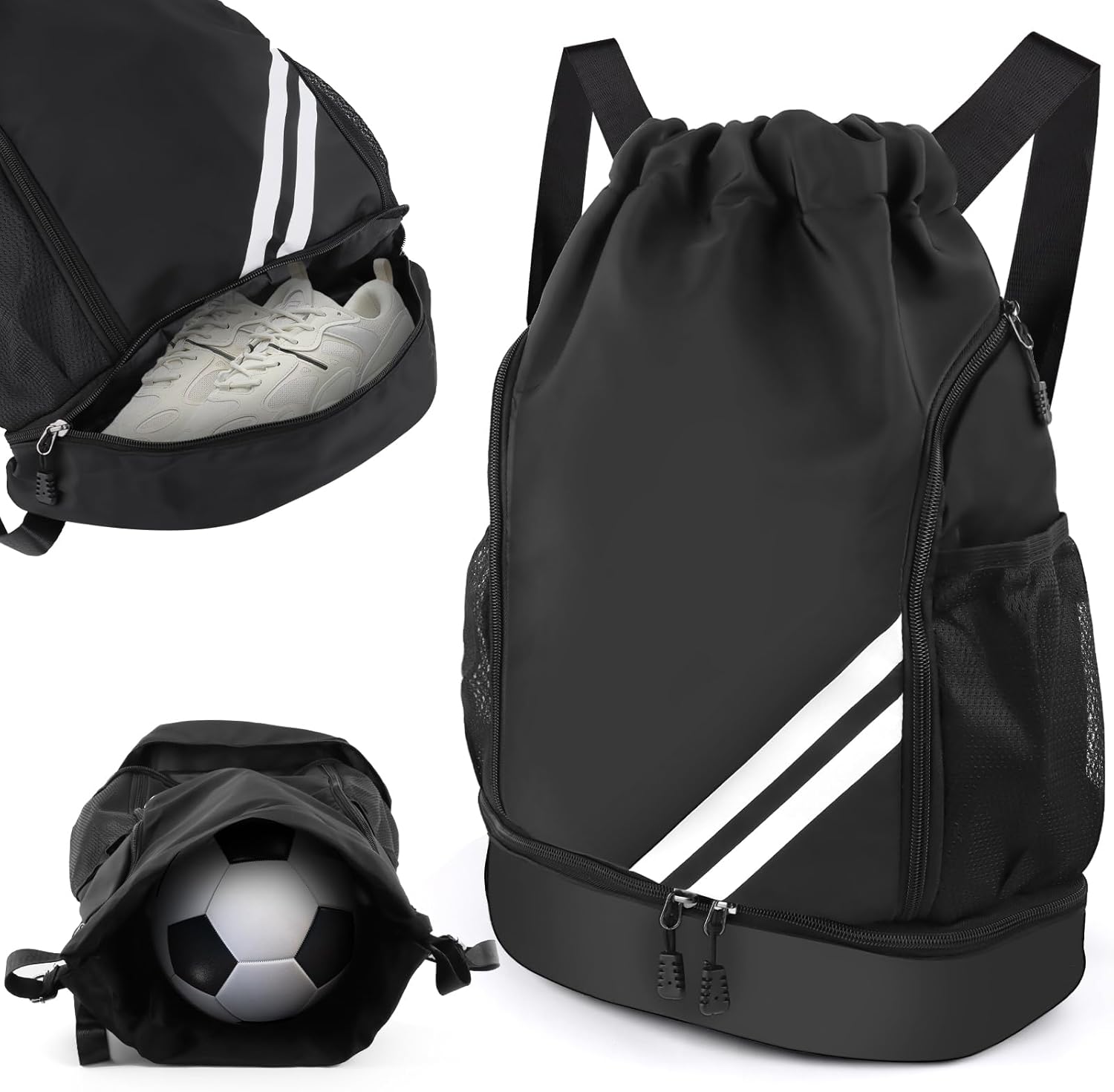 Gym Bag with Drawstring, Waterproof Sports Bag with Bottom Compartment, Sports Backpack Gym Bag with Inner Pocket, Outer Pocket, Gym Bag for Sports, Travel and City, Swimming Bag Black for Men and