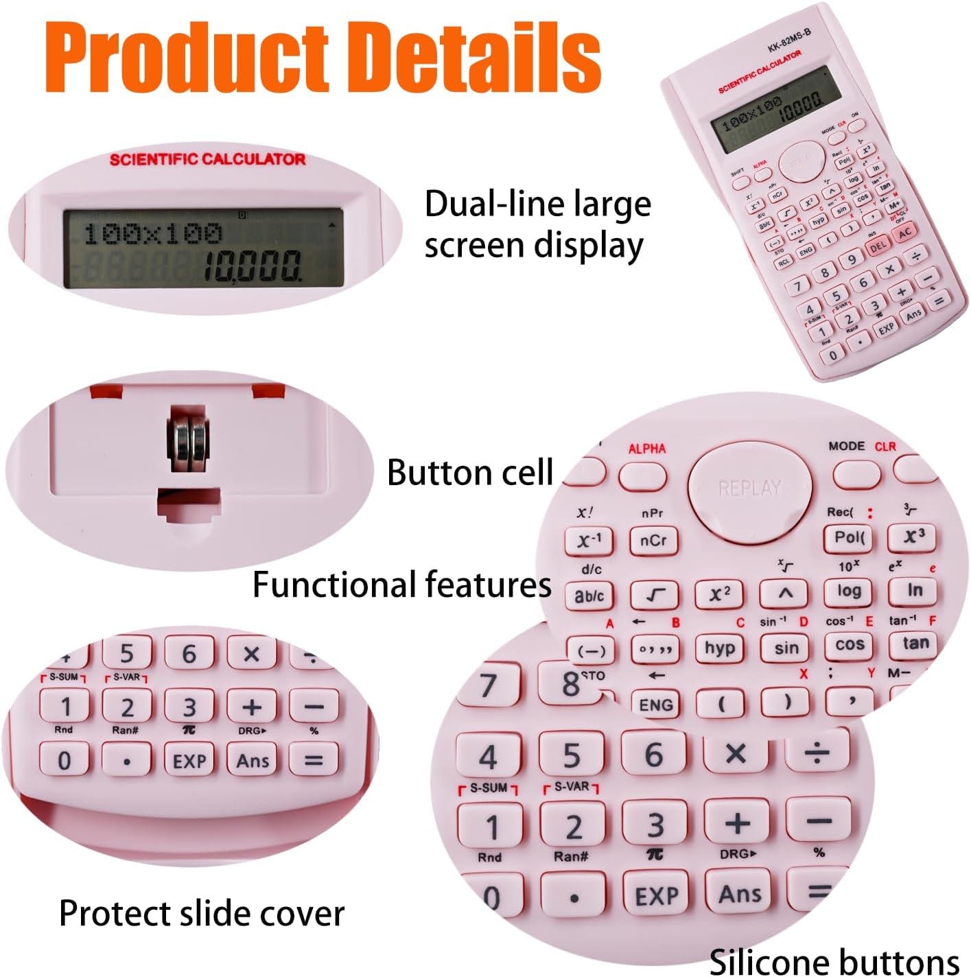 KK-82MS-D Portable Scientific Calculator with 240 Functions, Dual Line Display for School Supplies, Students, Teachers, Business, Office, Home (Pink) – Bild 2