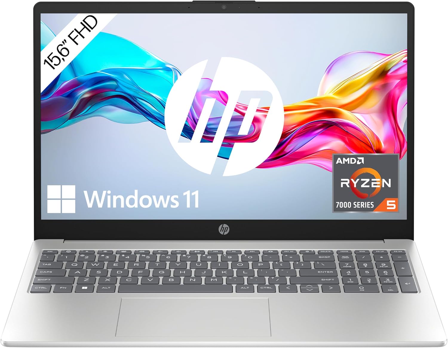 HP 15.6-Inch FHD IPS Display, AMD Ryzen 5 7520U, 16 GB RAM, 512 GB SSD, AMD Radeon Graphics, Windows 11 Home, QWERTZ Keyboard, Silver, with HP Fast Charge