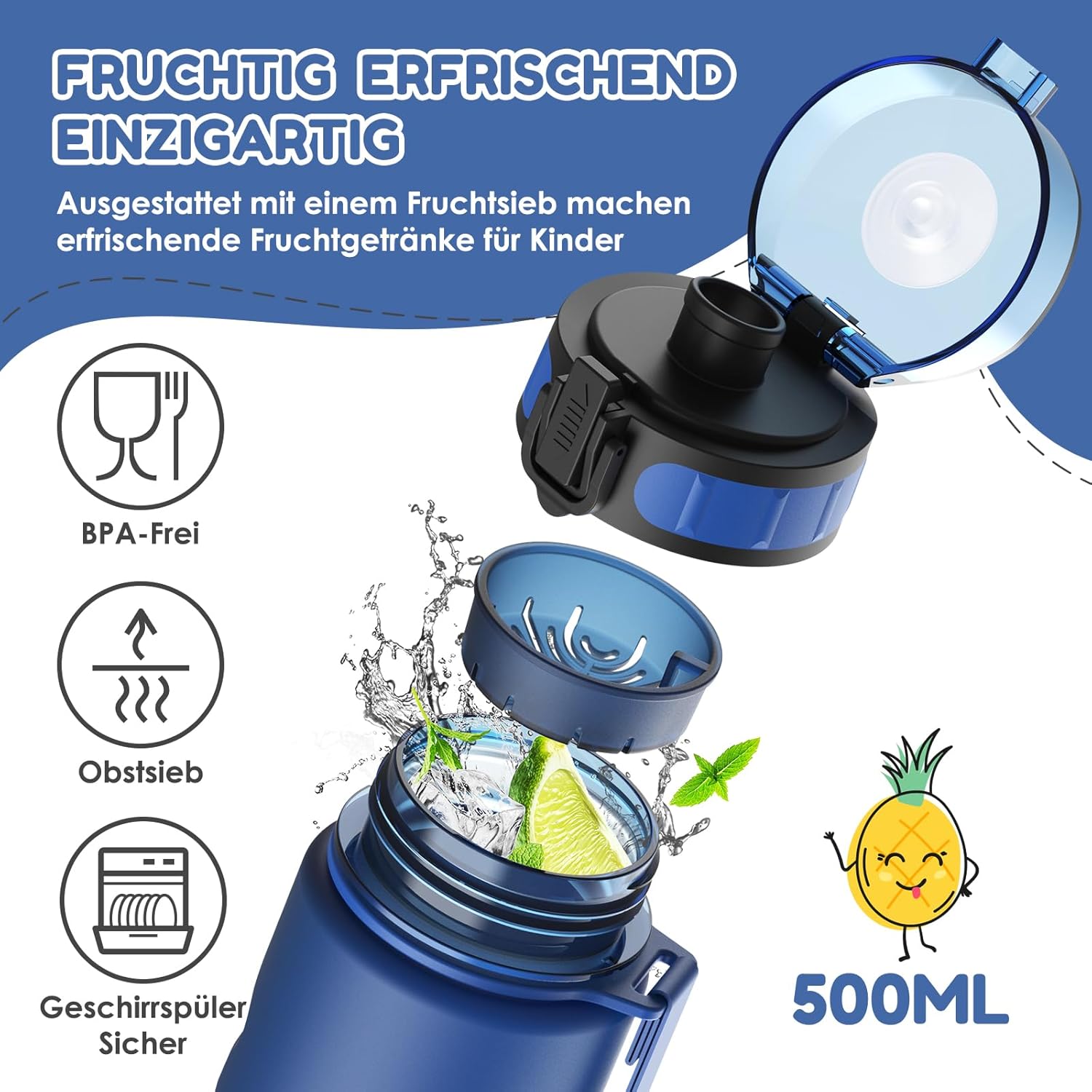 Luyiilo Children's Leak-Proof Sports Drinking Bottle for School, Hiking & Gym, Suitable for Carbonated Drinks, BPA-Free, with Fruit Insert (Blue, 500 ml) – Bild 2