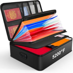 JUNDUN Document Organiser with 5200°F Heat Insulated, Fireproof Document Bag with Lock, Document Storage Box with 7 Compartments, File Organiser, Portable Briefcase for Files