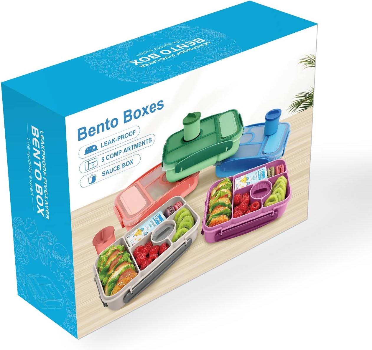 Children's Lunch Box with Compartments, Bento Box Children, Lunch Box Adults, 1300 ml Lunch Box with 5 Compartments and Sauce Containers, Microwave and Dishwasher Safe, BPA-Free and Reusable – Bild 8