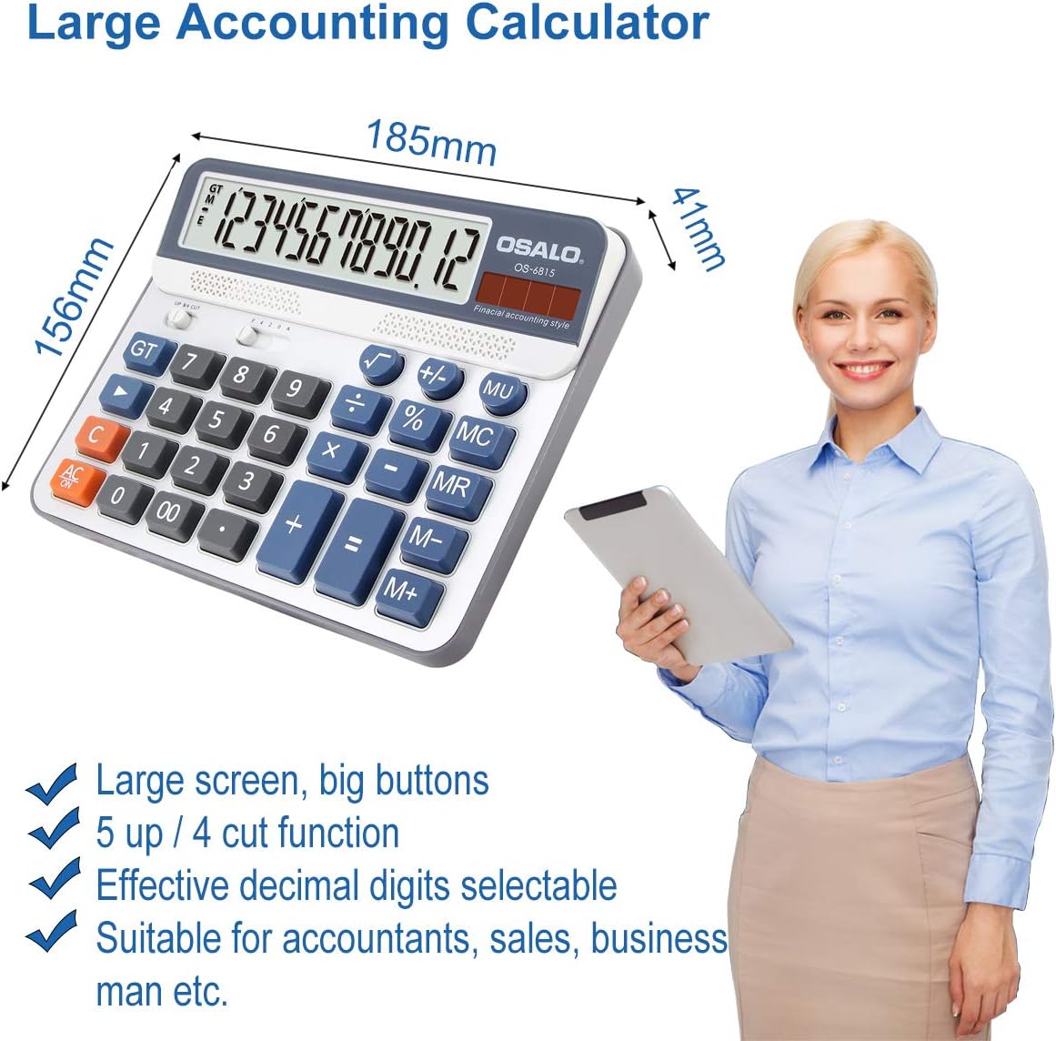 OSALO OS-6815 Large Desktop Calculator Large 12-Digit LCD Display Solar Calculator – Bild 3