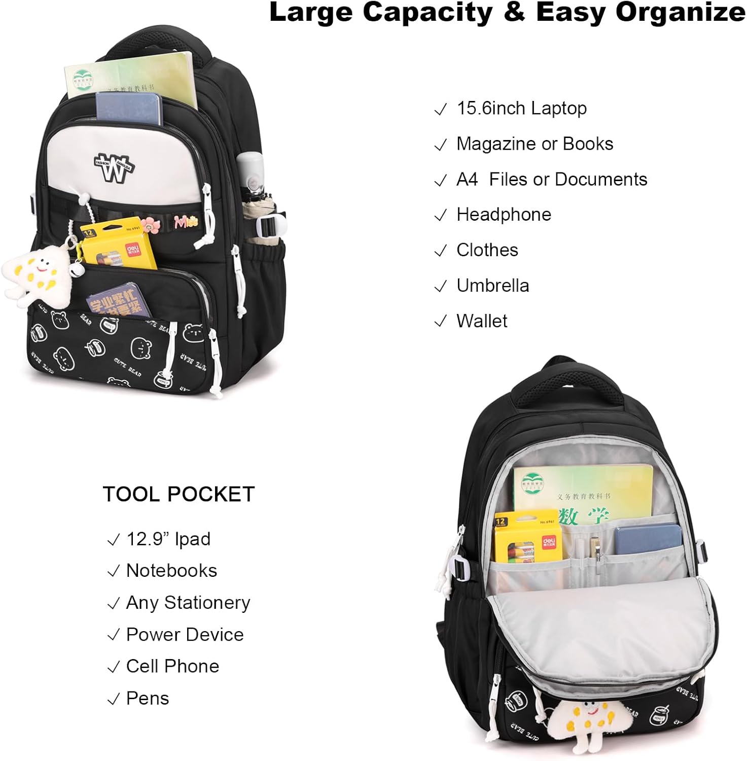 JANSBEN School Bag Girls Boys School Bag Teenager School Backpack School Backpacks Satchel Daypack for School Sports Bag Height Adjustable Many Compartments Laptop Compartment School Bags for Girls – Bild 3