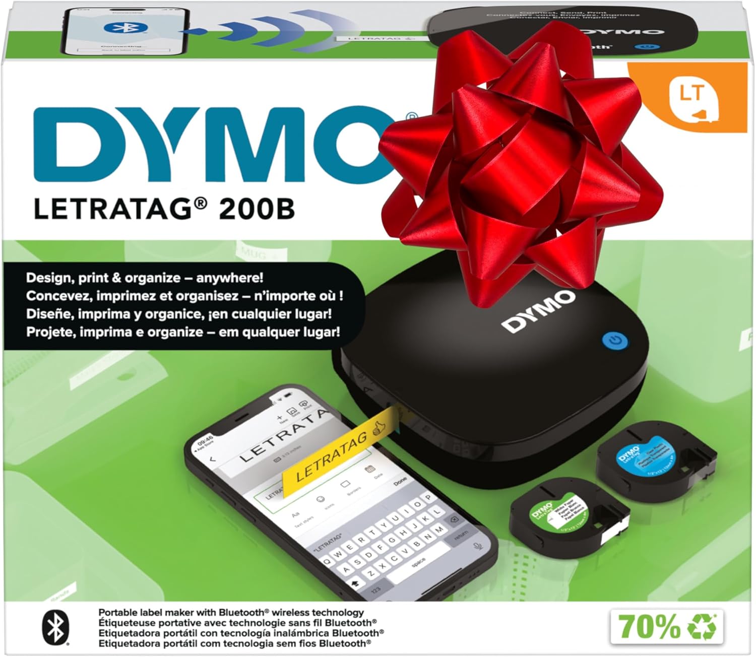 DYMO LetraTag 200B Label Maker with Bluetooth, Compact Label Printer, Connects to iOS and Android via Wireless Bluetooth Technology, Includes 3 x Label Tape