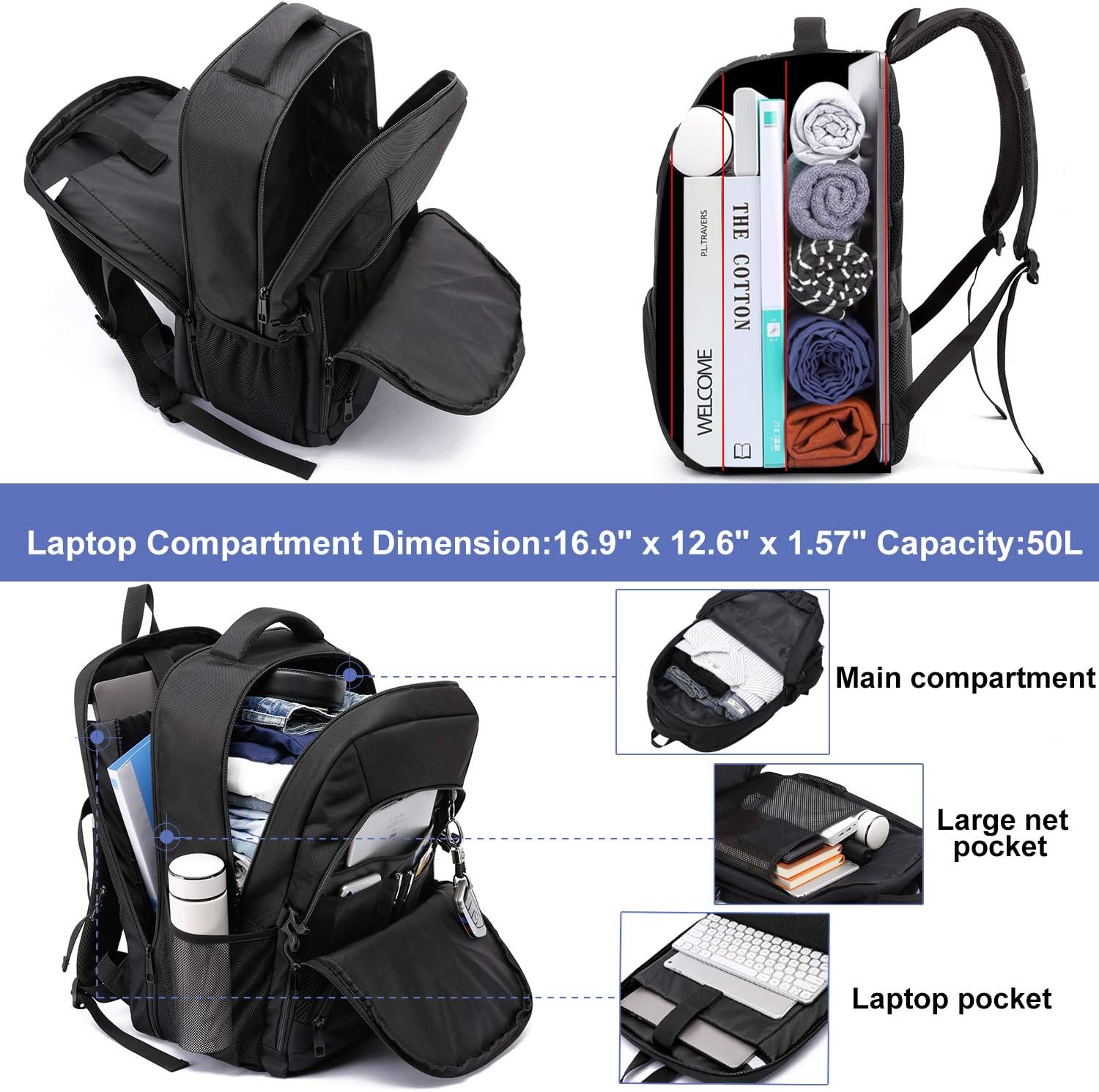 Extra-Large Backpack, 50L, Waterproof, 17-Inch (43.1-cm) Laptop Bag, Work Laptop Backpack with USB Charging Port, Anti-Theft, Business, Travel, School Backpack for Men, Women, Boys, Teenagers, Black – Bild 2