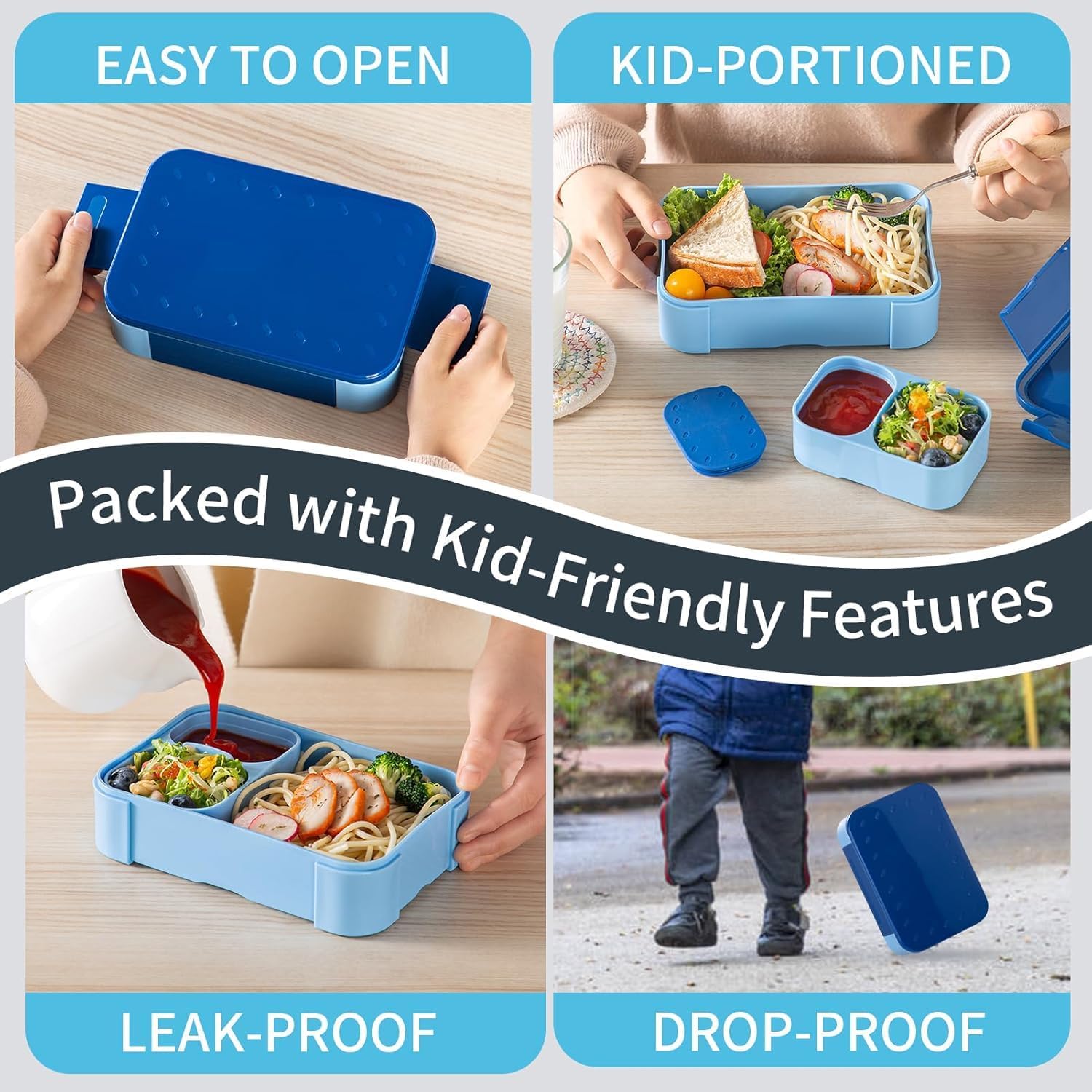 Children's Lunch Box with Compartments, 900 ml Leak-proof Lunch Box, Travel Lunch Box, Lunch Box, Lunch Box, Suitable for School, Picnic, Microwave/Dishwasher Safe (Blue) – Bild 5