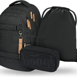 Baagl School Backpack Set Boys Girls Teenagers 3 Pieces Skateboard Backpack Skate MAX School Bag from 3rd Grade, Primary School Satchel with Chest Strap, Ergonomic School Bag, 30 L, Darkness