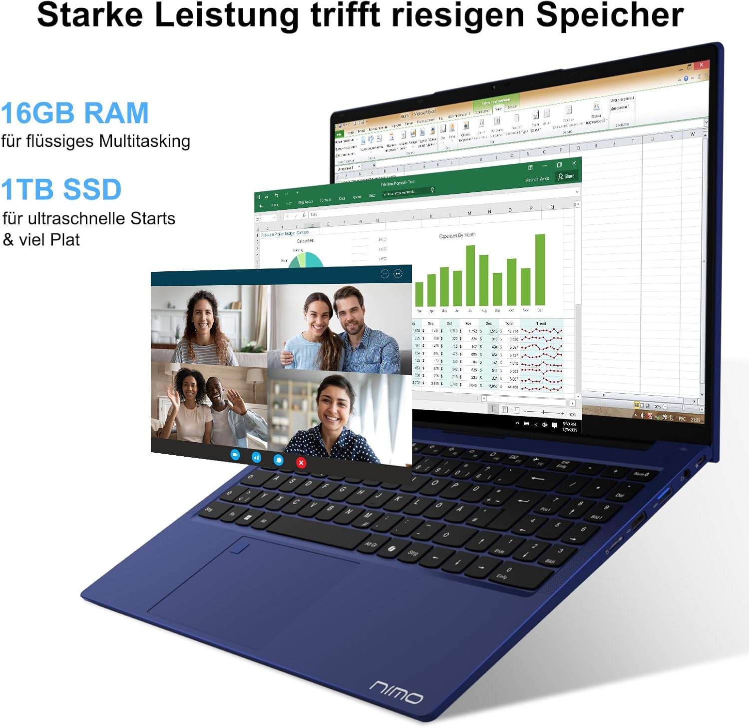 NIMO Laptop 15.6 Inch Full HD: 16GB RAM, 1TB SSD, Intel N100, WiFi Connectivity, USB-C 65W, Fingerprint, Illuminated Keyboard, Lightweight Computer for Work & Study, Blue – Bild 2