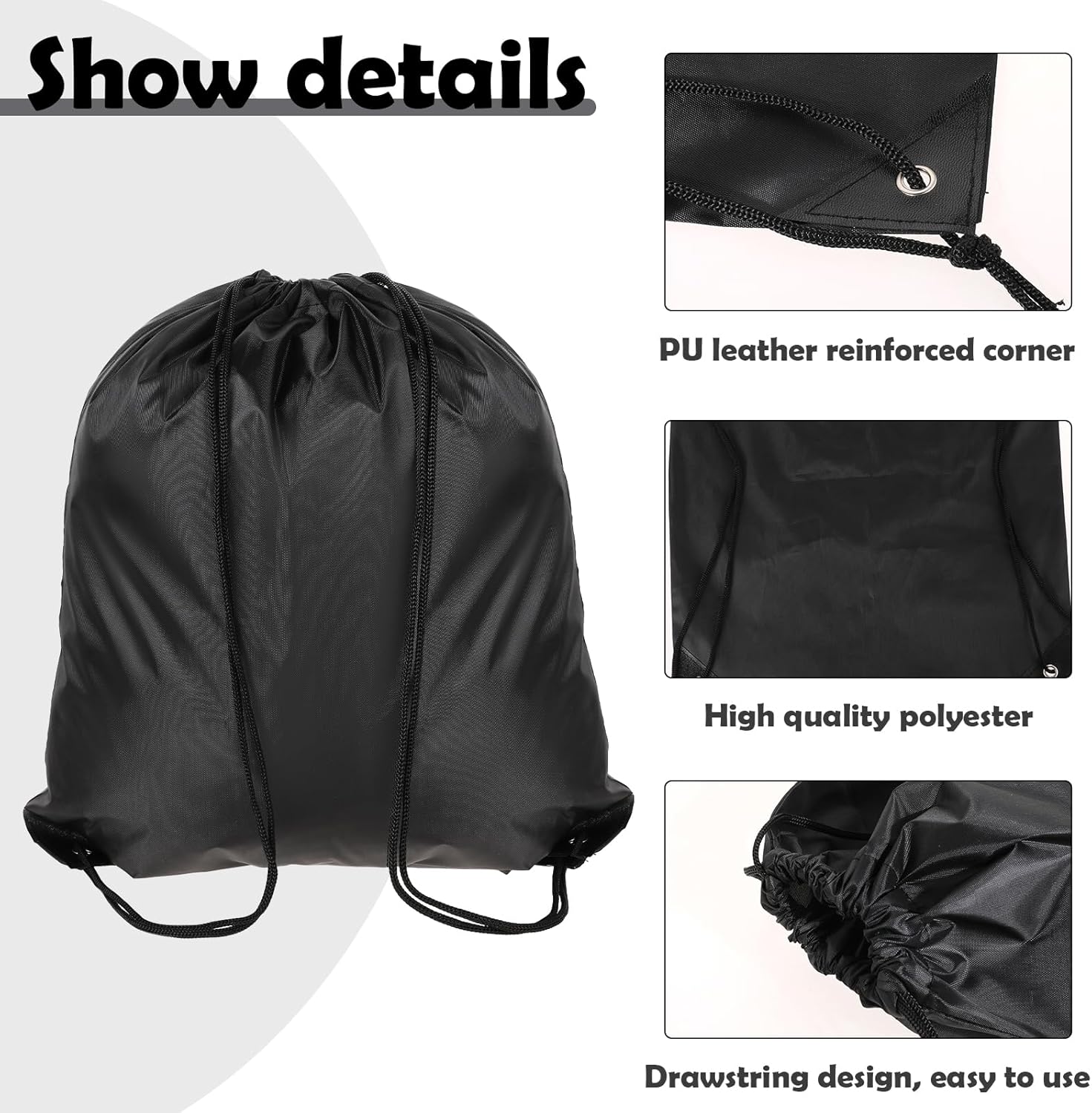 Pack of 2 Drawstring Bag String Backpack with Drawstring Swimming Bag Adjustable Gym Bag Black PE Bag Polyester Sports Bag for Women Men Sports Gym Travel Swimming Beach, black – Bild 3