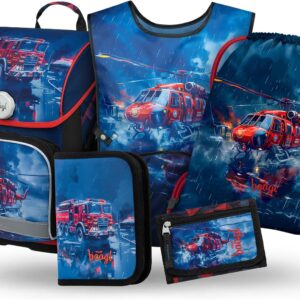 Baagl School Bag Boys Girls Set of 5 (Ergo School Bag for 1st Grade, Pencil Case, Gym Bag, Apron, Neck Pouch), Primary School Satchel, Ergonomic School Backpack, 19 L