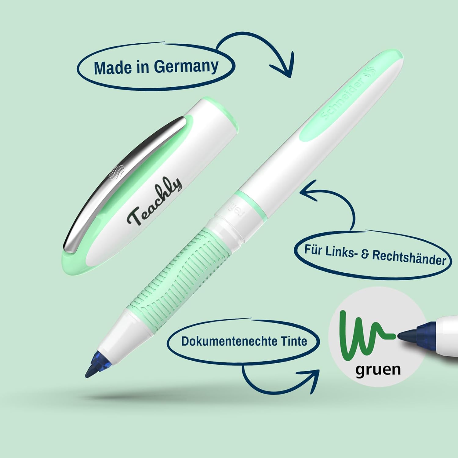 Teachly Superteacher Rollerball Pen - Refillable Teacher Pen for School & University (Mint) - Includes 7 Ink Cartridges (Green) – Bild 3