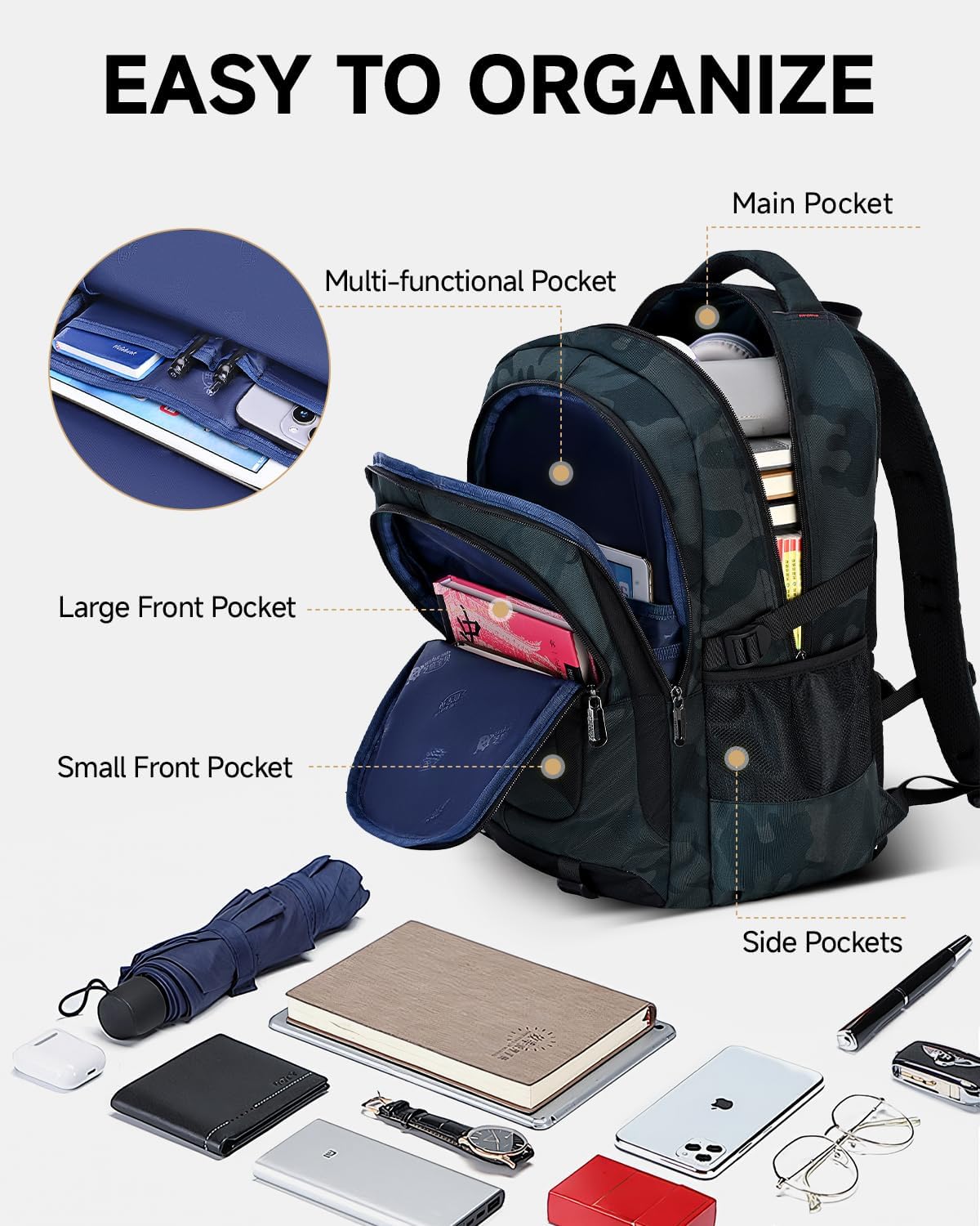 School Backpack Boys Teenagers School Bag for Boys 3rd 5th to 7th Grade Waterproof Camouflage School Bag Set with Shoulder Bag Pen Bag Large Casual Backpack, Green, Rucksack Backpacks – Bild 4