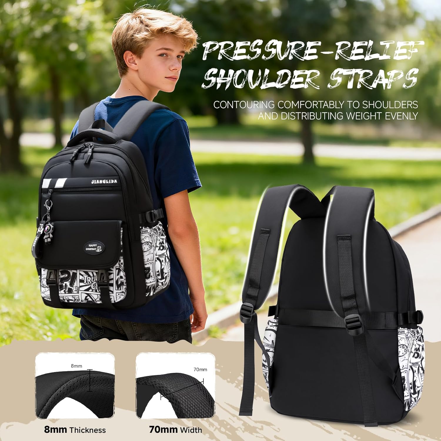 Tanou School Backpack Boys Teenagers Graffiti Print School Bag for Boys 10-18 Years, Large Backpack School High School High School Waterproof Casual School Bag, Black – Bild 5