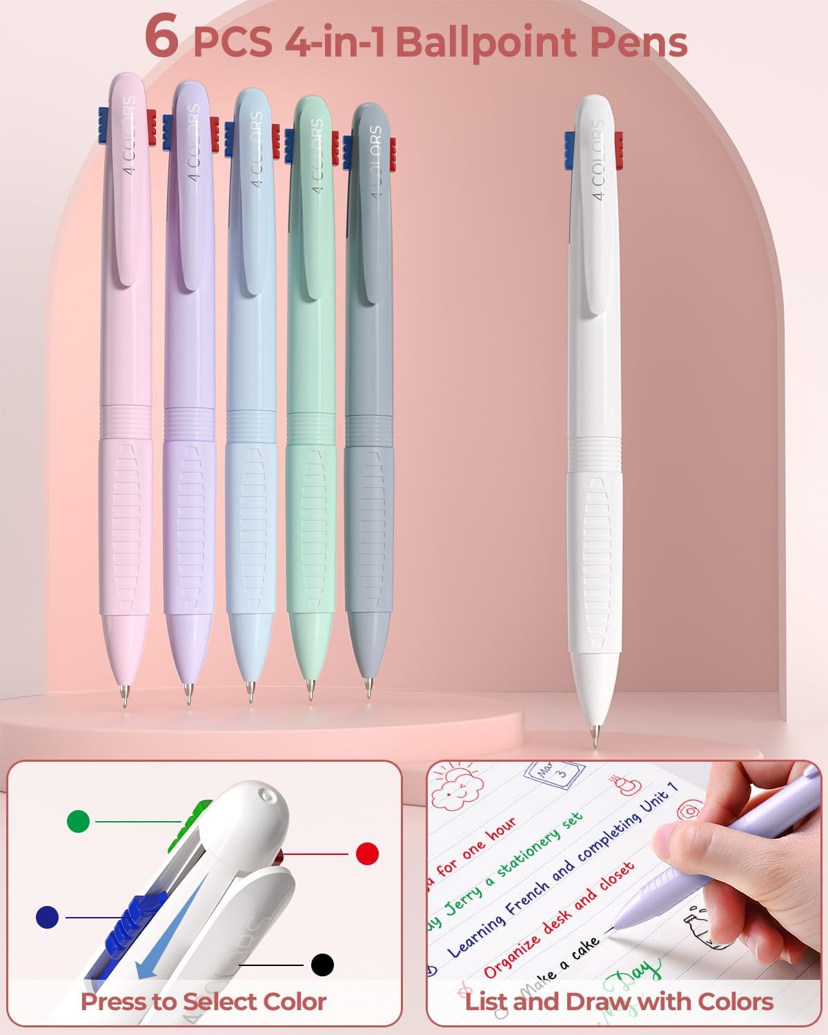 Four Candies 56 Pieces Aesthetic School Supplies with Pencil Case, 6 Coloured Ballpoint Pens, 12 Pastel Highlighters, 5 Gel Pens with Black Ink, 9 Mechanical Pencils 0.5-2.0 mm (Pink) – Bild 3