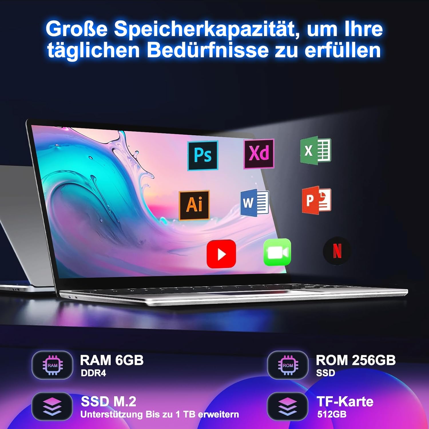 2025 Laptop 14 Inch Win 11 Pro 6GB RAM 256GB SSD Support 1TB (TF 1TB) Notebook Celeron N4020 (up to 2.8GHz) 5000mAh 1920x1080p WiFi German Keyboard Protector and Wireless Mouse Grey – Bild 2