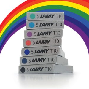 Lamy T10 Assorted Colour Pack Fountain Pen Ink Cartridges Refills Spare Replacement For All Lamy Fountian Pens (1 Pack Of Each Colour - 7 Packs - 35 Cartridges - Black, Red, Washable Blue, Green, Purple / Violet, Turquoise & Blue Black)