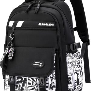 Tanou School Backpack Boys Teenagers Graffiti Print School Bag for Boys 10-18 Years, Large Backpack School High School High School Waterproof Casual School Bag, Black