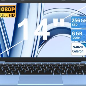 2025 Laptop 14 Inch Win11 Pro Notebook 6+256GB SSD Support 1TB 1920x1080P Full Metal Celeron N4020 5G WiFi Mini HDMI & Wireless Mouse Keyboard Film for Keyboard Blue