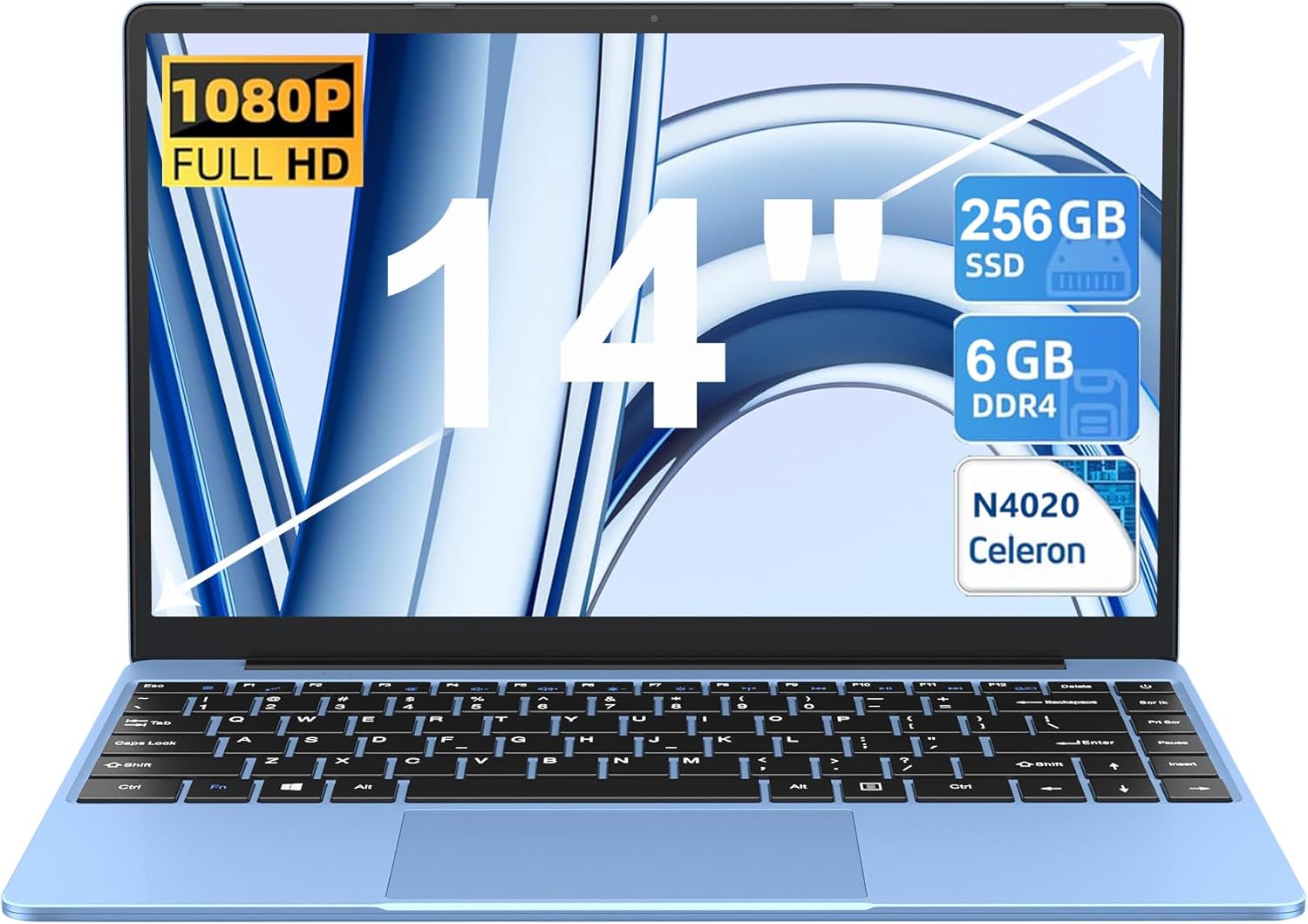 2025 Laptop 14 Inch Win11 Pro Notebook 6+256GB SSD Support 1TB 1920x1080P Full Metal Celeron N4020 5G WiFi Mini HDMI & Wireless Mouse Keyboard Film for Keyboard Blue