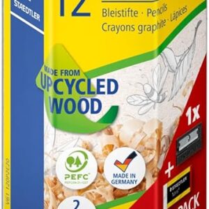 STAEDTLER Noris 120 Pencil, Made from Upcycled Wood, HB Hardness, Non-Slip Soft Surface, Set of 12 Pencils, 1 Sharpener, 1 Eraser, High Quality Made in Germany, 61 120P2