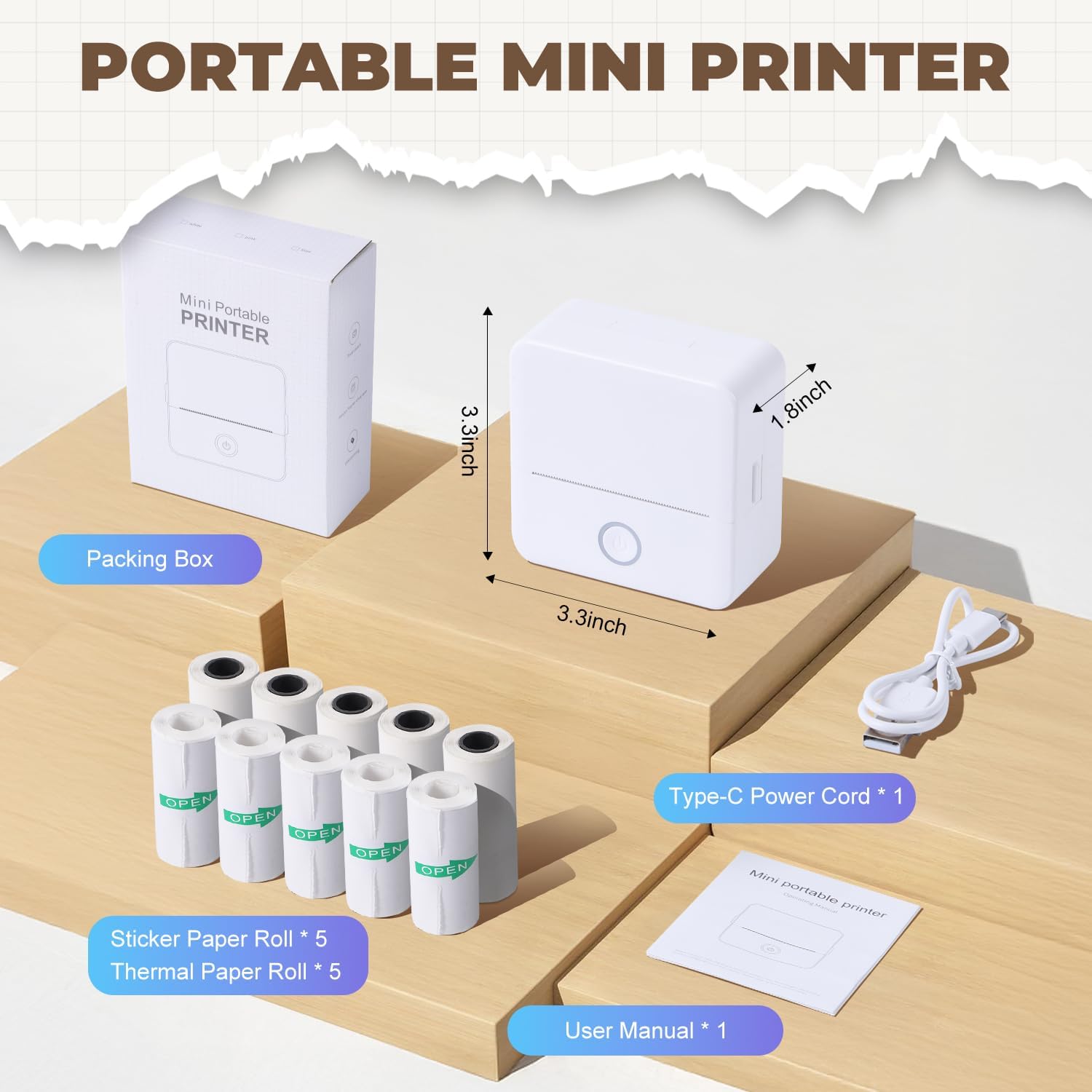 Mini Printer, Portable Photo Printer with 10 Rolls of Printer Paper, Bluetooth Label Printer, Thermal Printer for Notes, Photos, Diaries, DIY, Compatible with iOS and Android (White) – Bild 6