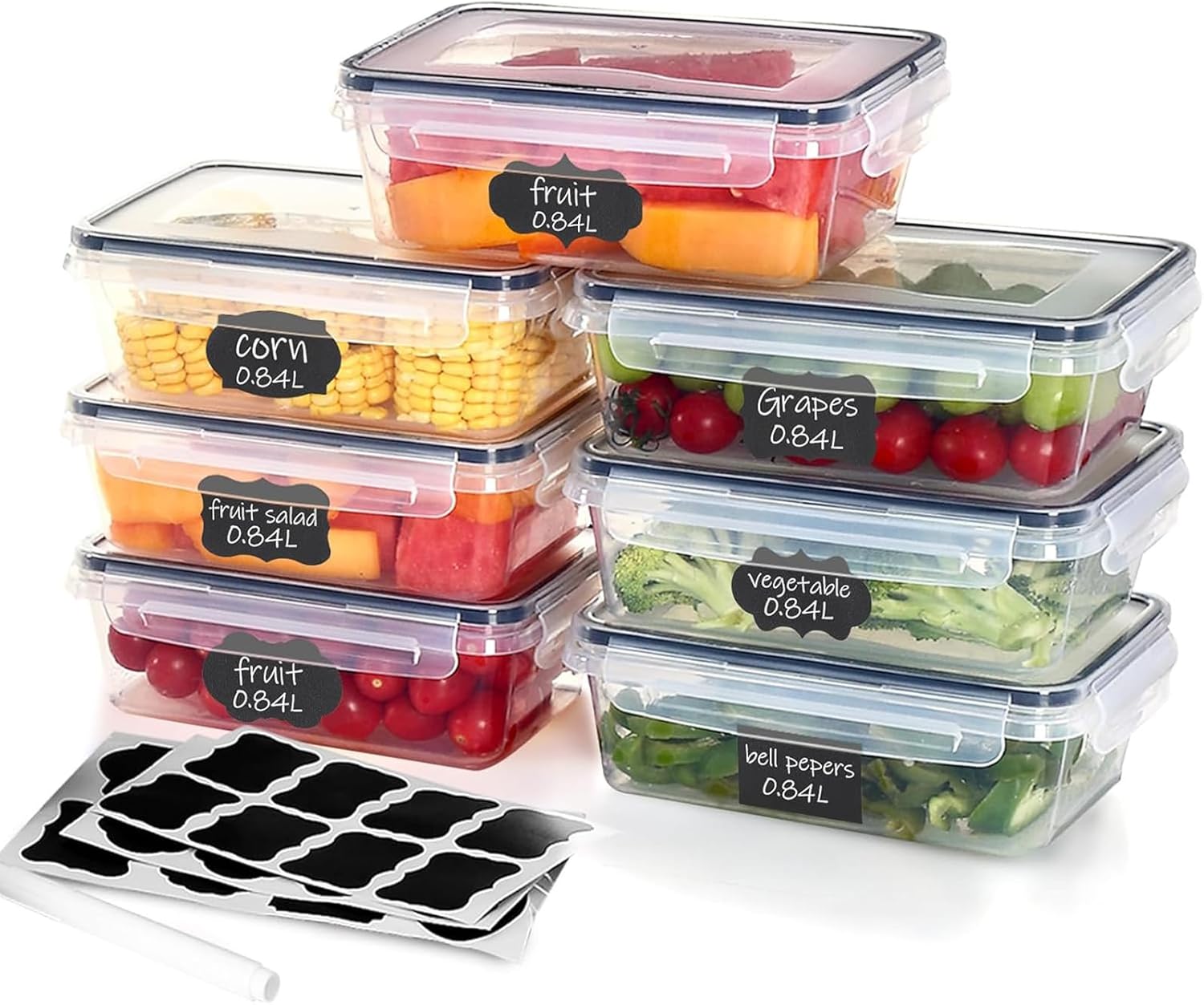 7 x 840 ml Food Storage Containers with Lids Made of Plastic in Medium Size, Freezer Containers, Food Boxes, BPA Free and 100% Airtight, Transparent, Meal Prep Boxes
