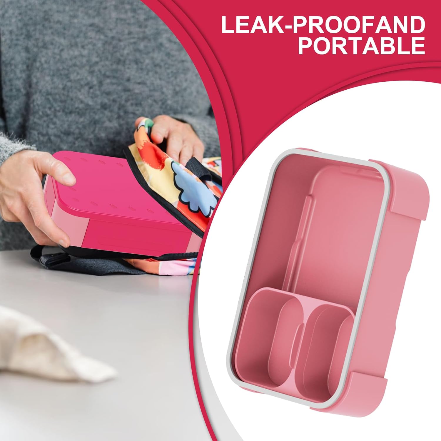 Children's Lunch Box with Compartments, 900 ml Leak-Proof Bento Box, Children's Lunch Box, Leak-proof Compartments, Lunch Box for Girls and Boys, Microwave/Dishwasher Safe, Pink – Bild 4