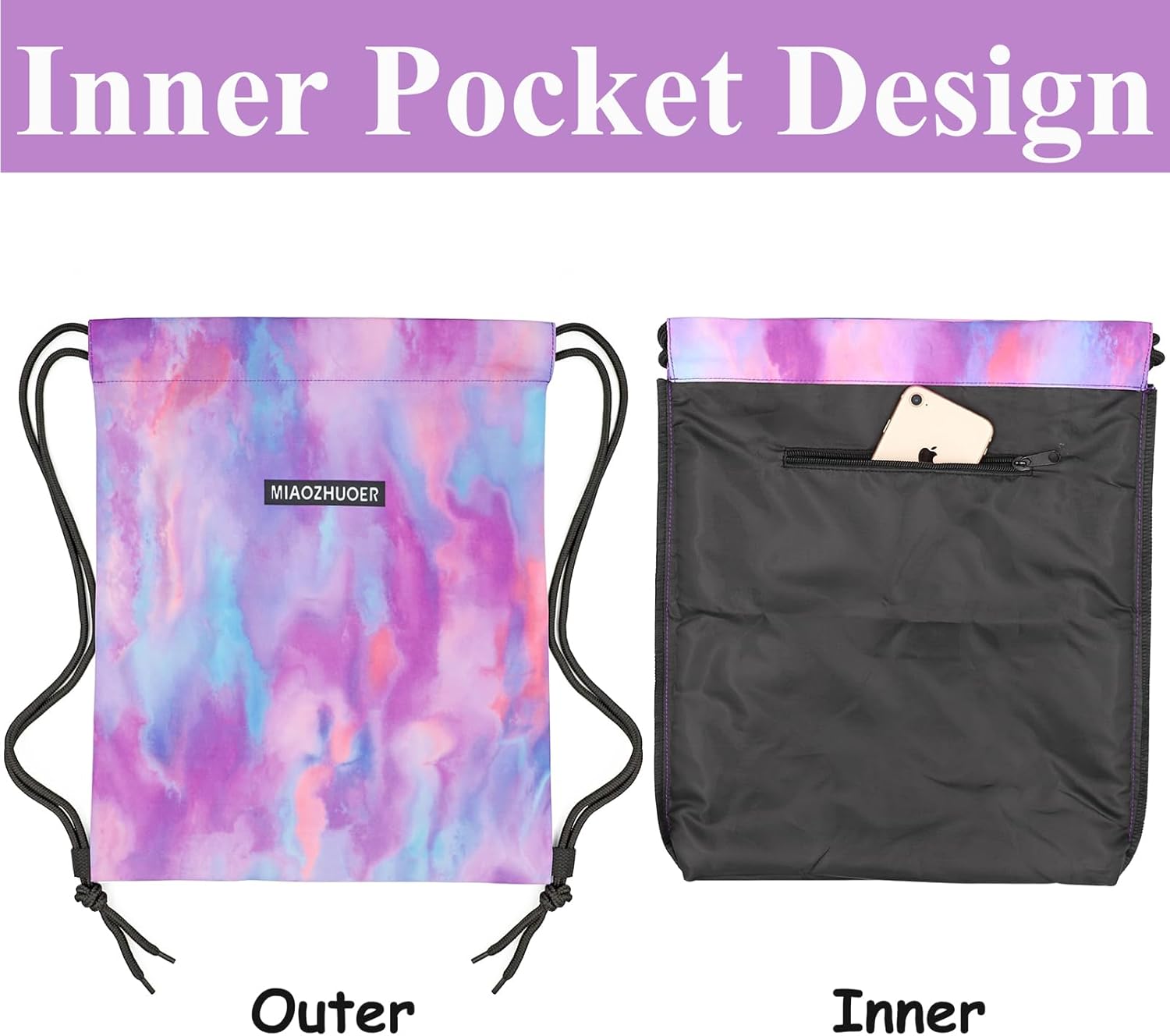 Gym Bag with Drawstring, Drawstring Bag, Sports Backpack, Small Gym Bag, Foldable, Drawstring Gym Bag, Sports Bag, Daypack with Zip, Inner Pocket for Women – Bild 6